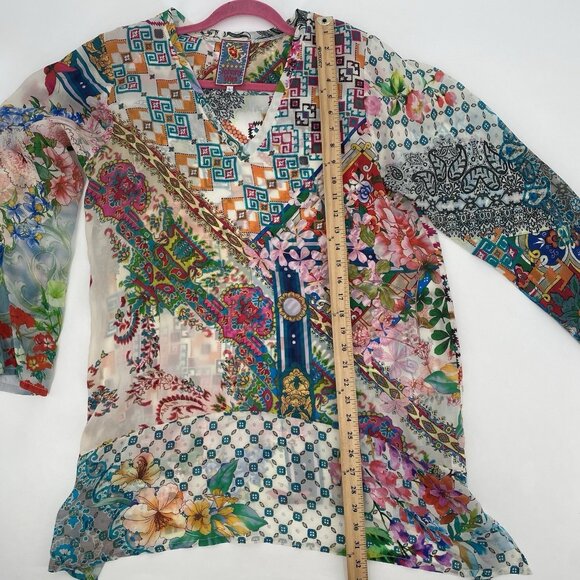 Johnny Was Large Multicolor Floral Boho Tunic Mixed Print Kimono Rayon V-Neck - Picture 6 of 11